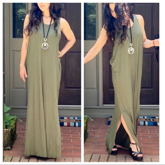 OLIVE GREEN SIDE SLITS TANK MAXI DRESS - Picture 5 of 15